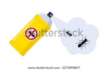 Spraying insecticide on ant. Pest control. Aerosol for bug bite prevention. Vector illustration