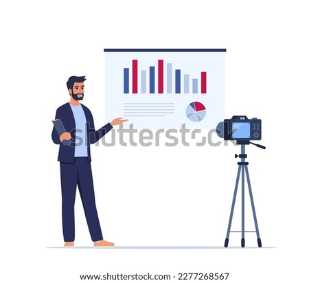 Businessman presenting new project on camera. He is showing graphs and pie charts. Coach giving presentation to clients online. Vector illustration