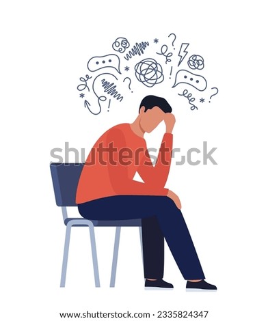 Young man is sitting surrounded by stream of thoughts, chaos in head. Mental disorder, anxiety, depression, stress, headache. Dizziness, sad, anxious thoughts, emotional burnout. Vector illustration