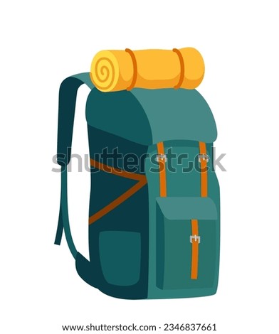 Colorful backpack for traveling, hiking, camping. Tourist retro back pack. Classic styled hiking backpack with sleeping bag. Camp and hike bag. Vector illustration