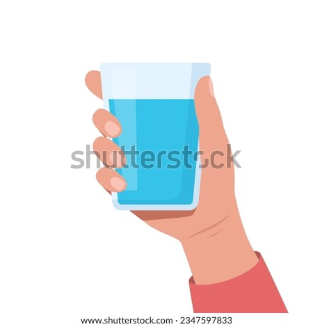 Hand holding glass of water. Drink more water concept. Vector illustration
