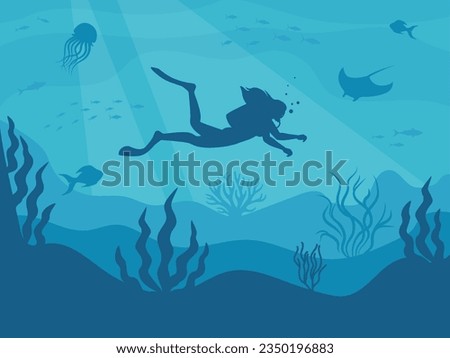 Silhouette of a scuba diver in the underwater world. The diver dives to the depths of the ocean. Vector illustration