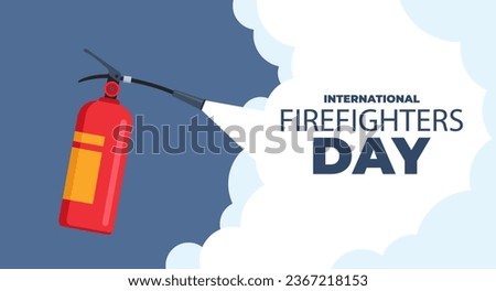 Fire extinguishing. Autonomous red fire extinguisher foam spills onto fire. Banner, poster or template for international firefighters day. Vector illustration