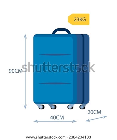 Baggage allowance. Wheeled suitcase with dimensional arrows weight tag. Weight and size of luggage allowance. Hand luggage requirements for air travel. Vector illustration