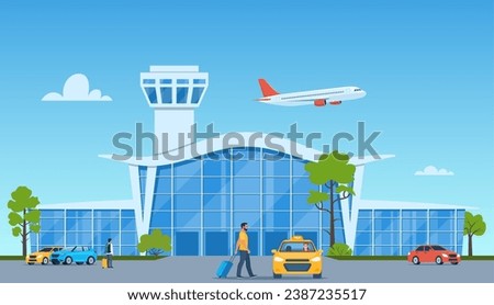 Airport terminal building, yellow taxi car, plane taking off in the background. Passenger with suitcase goes to the taxi. Travelling by plane concept. Vector illustration