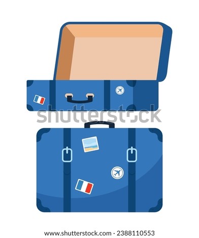 Retro leather suitcase with metal corners, belts and handle. Suitcase, open and closed. Vacation and travel concept. Vintage bag. Front view. Vector illustration