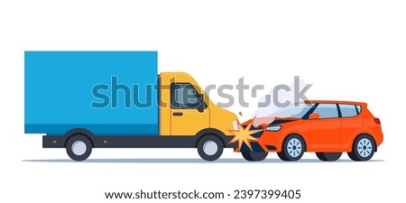 Car accident. Damaged transport on the road. Collision of lorry and car, side view. Damaged transport. Collision on road, safety of driving personal vehicles, car insurance. Vector illustration
