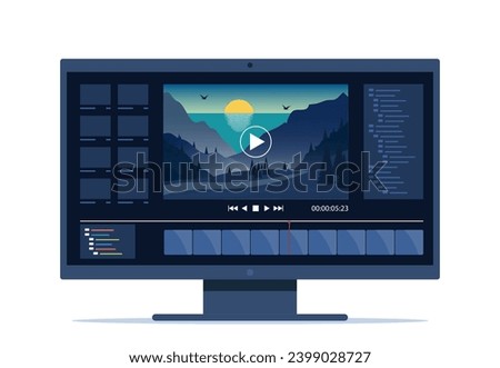 Video editing on desktop computer. Software to edit videos on screen with nature landscape scene, timeline and user interface. Multimedia and film production concept. Vector illustration