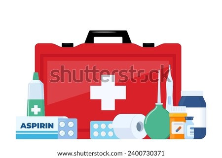 First Aid Kit for ambulance emergency, vehicle, office, travel. Medical help items. Plasters, pills, bandage, aspirin, thermometer. Elements for medical infographics. Vector illustration