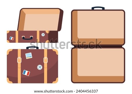 Retro leather suitcase with metal corners, belts and handle. Suitcase, open and closed, ready for packing. Front and top view. Preparing for the trip. Vacation and travel concept. Vector illustration