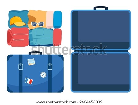 Suitcase, open and closed, ready for packing. Front and top view. Preparing for the trip. Packed clothes for travel. Clothing, footwear and accessories. Personal belongings. Vector illustration