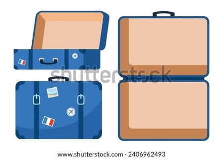 Retro leather suitcase with metal corners, belts and handle. Suitcase, open and closed, ready for packing. Front and top view. Preparing for the trip. Vacation and travel concept. Vector illustration