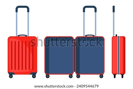 Empty open suitcase, travel concept. Empty and closed modern wheeled suitcase ready for packing. Front and side view. Preparing for the trip. Vector illustration