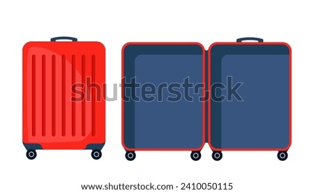 Empty open suitcase, travel concept. Empty and closed modern wheeled suitcase ready for packing. Preparing for the trip. Vector illustration