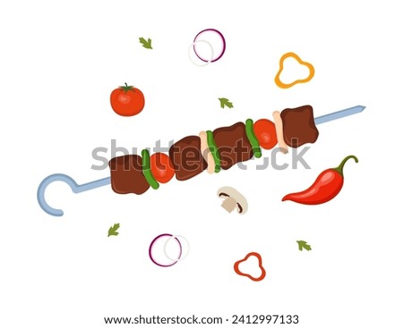 Kebab, shashlik, grilled on skewer, food meat. Shish kebab with slice onions, pepper, and tomato. Grilled BBQ food. Traditional juicy barbecue, kebab. Vector illustration