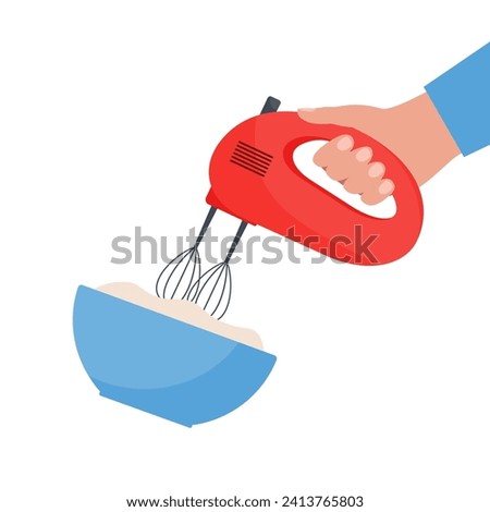 Electric food mixer in hand. Mixer, bowl, dough. Preparing ingredients for healthy cooking. Vector illustration