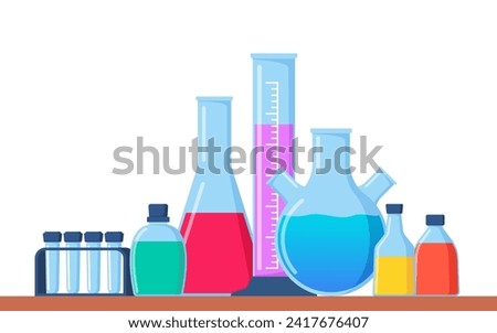 Chemical Laboratory with different glass flasks, vials, test-tubes with substance and reagents. Lab research, testing, studies in chemistry, physics, biology. Banner, poster. Vector illustration