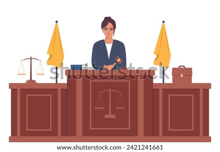 Judge with hammer. Woman in black robe with gavel. Jurisprudence, justice and law. Legal and sentencing. Judgement concept. Vector illustration