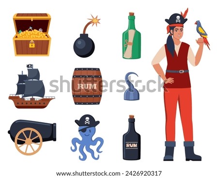 Pirate elements set. Pirates theme illustrations with ship, captain, chest, map, parrot, rum, cannonball. Funny pirate party icons. Vector illustration