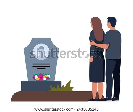 Sad man and woman dressed in mourning clothes standing near grave with tombstone. Grieving people or relatives on graveyard or cemetery. Vector illustration