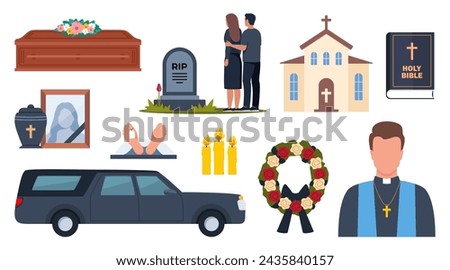 Funeral icons. Funeral accessories. Funeral wreath, coffin, tombstone, urn with ashes, death, priest, corpse, hearse, flowers, will. Ritual services, funeral agency concept. Vector illustration