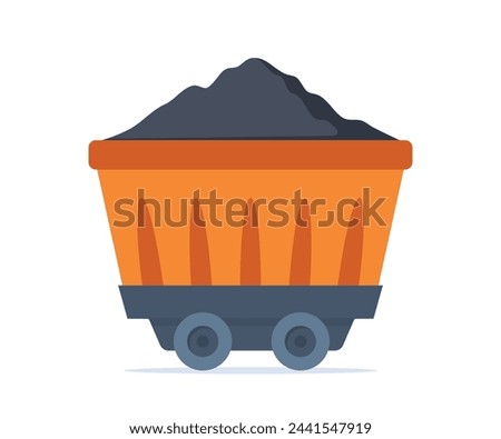 Mine coal trolley. Wagon transporting pile coal. Mining industry equipment. Underground minerals extraction. Construction and building transportation vehicle. Vector illustration