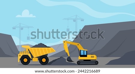 Excavator and dump truck working at coal mine. Open pit mine or quarry, extraction machinery. Heavy machinery of wheeled excavator filling with coal materials on a truck. Vector illustration