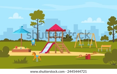 Public park in the city with children playground. Children's entertainment playground elements. Slide, benches, sandbox, swing and recreation park, toys. Place children games. Vector illustration