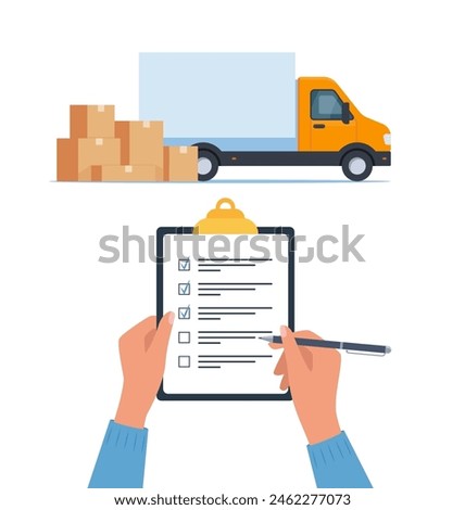 Lorry and pile of boxes. Clipboard with checklist in human hands. Delivery concept. Transportation of goods. Moving to new house