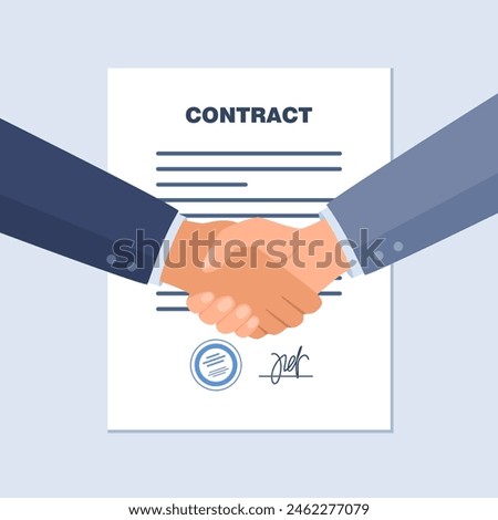 Concluding a contract, business negotiations. Two male businessmen shake hands, make a deal, sign a contract. Clipboard with agreement, contract