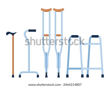 Set of mobility aids including a walker, crutches, quad cane, forearm crutches. Health care concept