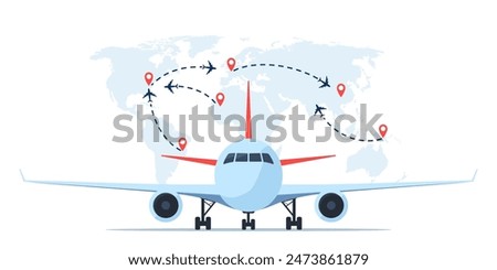 Aircraft in front view, world map with flight routes and pins marker. Time to travel concept. Traveling by plane. International flight. Vector illustration for poster, banner