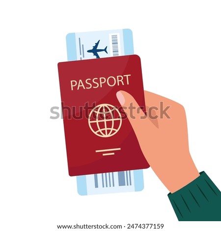 Man hand holding passport and air ticket in it. Air travel concept. Tourism. Vector illustration