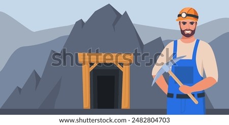 Mine cave entrance. Miner man character, coal or minerals mining, Worker in uniform with pickaxe. Coal mine tunnel. Extraction Industry. Vector