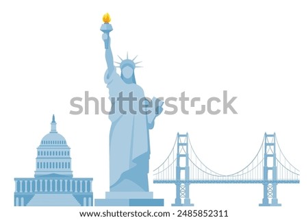 USA culture symbols. Liberty statue, capitol, golden gate bridge. American culture and history icons. Vector