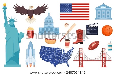 USA culture symbol set. Travel USA direction concept. American culture and history icons. Vector