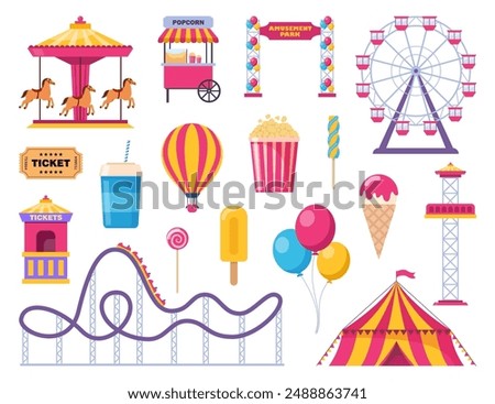 Amusement park icons. Vector carnival circus tent, ferris wheel, roller coaster, carousel and popcorn booth, tickets box, balloon. Ice cream, soda, popcorn. Vector