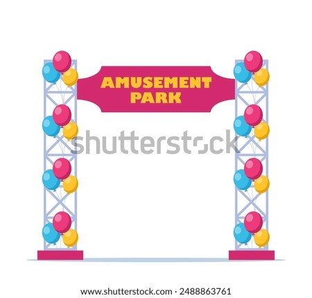 Amusement park entry gate with balloons. Vector illustration in flat style