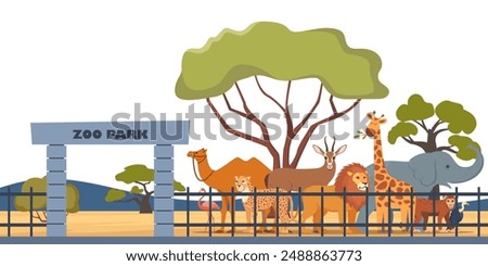 Zoo entrance gate and exotic African animals. Elephant, giraffe, camel, cheetah, lion, flamingo, vulture, monkey on territory of wildlife zoo park surrounded by fence. Vector illustration