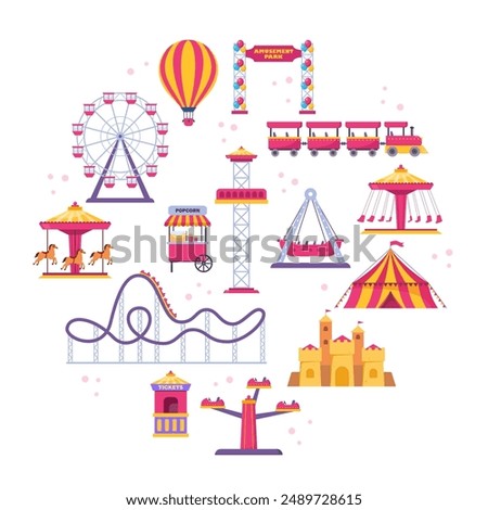 Amusement park icons. Vector carnival circus tent, ferris wheel, roller coaster, carousel and popcorn booth, tickets box, balloon. Vector