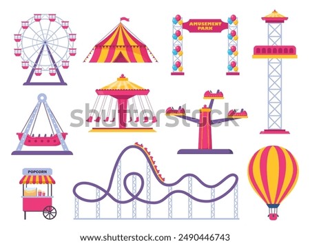 Amusement park icons. Vector carnival circus tent, ferris wheel, roller coaster, carousel and popcorn booth, tickets box, balloon. Vector