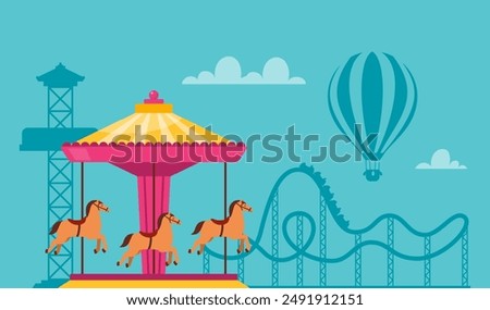 Amusement park composition with outdoor scenery and view of Carousel merry go round with horses, rollercoaster and ferris wheel. Vector illustration