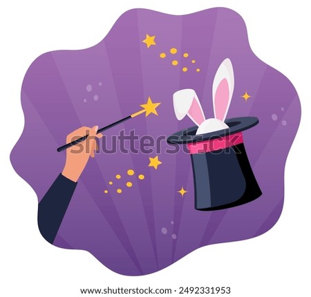 Magic hat with bunny ears. Magician hat with rabbit. Circus show, abracadabra wand in magicians hand. Magic rabbit in hat, bunny trick. Vector illustration