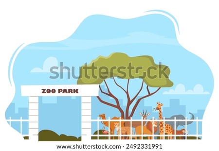 Zoo entrance gate and exotic African animals. Elephant, giraffe, camel, cheetah, lion, flamingo, vulture, monkey on territory of wildlife zoo park surrounded by fence. Vector illustration