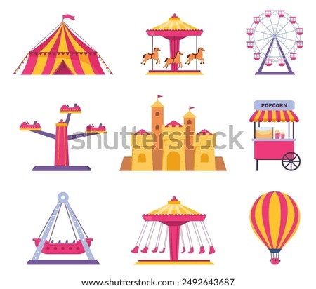 Amusement park icons. Vector carnival circus tent, ferris wheel, roller coaster, carousel and popcorn booth, tickets box, balloon. Vector