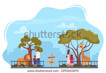 Lion and giraffe on territory of zoo park surrounded by fence. Parents and kids watching animals in zoo park. Vector illustration