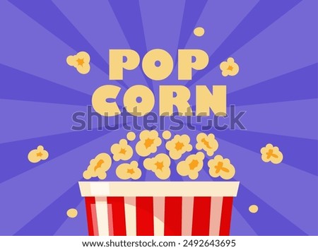 Popcorn bucket, realistic pop corn container. White and red bucket with flying out snack seeds. Striped paper box with popcorn. Vector illustration