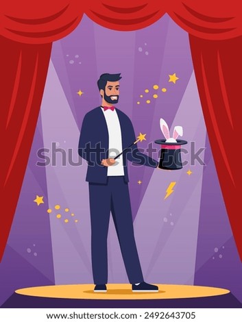 Illusionist, magician demonstrating trick and taking rabbit out of top hat. Concept of stage magic performance, magical illusion. Vector illustration for banner, poster