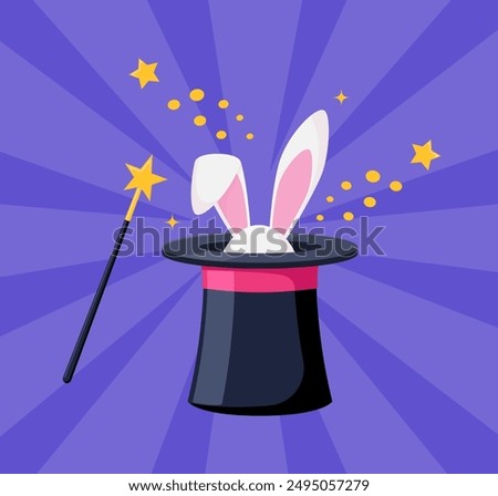 Magic hat with bunny ears. Magician hat with rabbit. Circus show, abracadabra wand. Magic rabbit in hat, bunny trick. Vector illustration