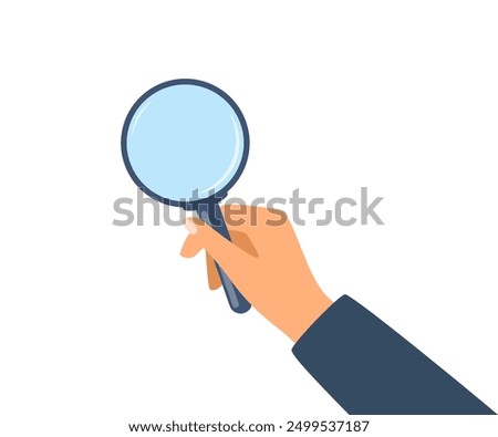 Hand holding magnifying glass. Searching, researching, discovery, analysis, scrutiny concept. Vector illustration